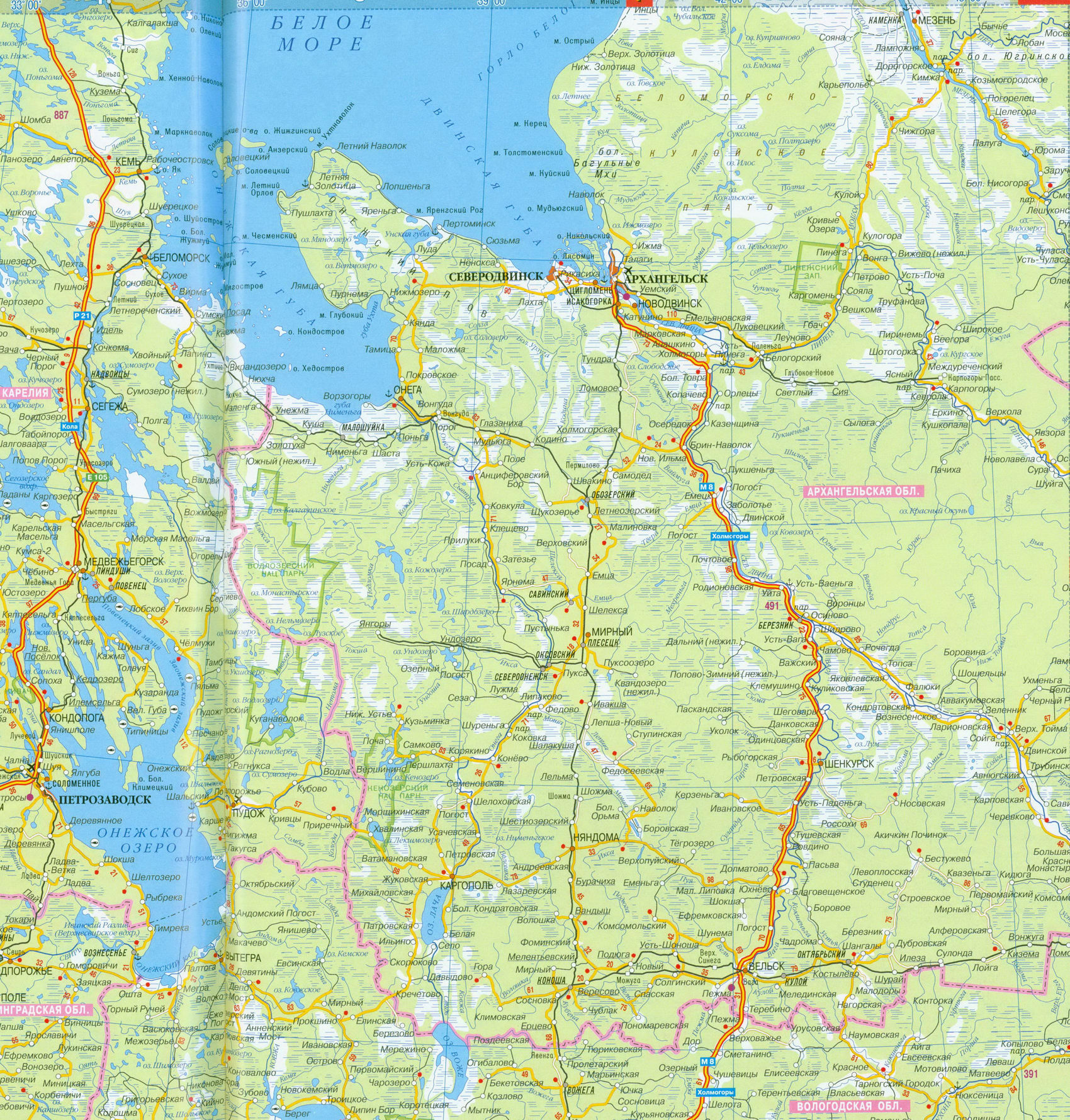 Архангельская область карта подробная с городами и дорогами - Атлас мира