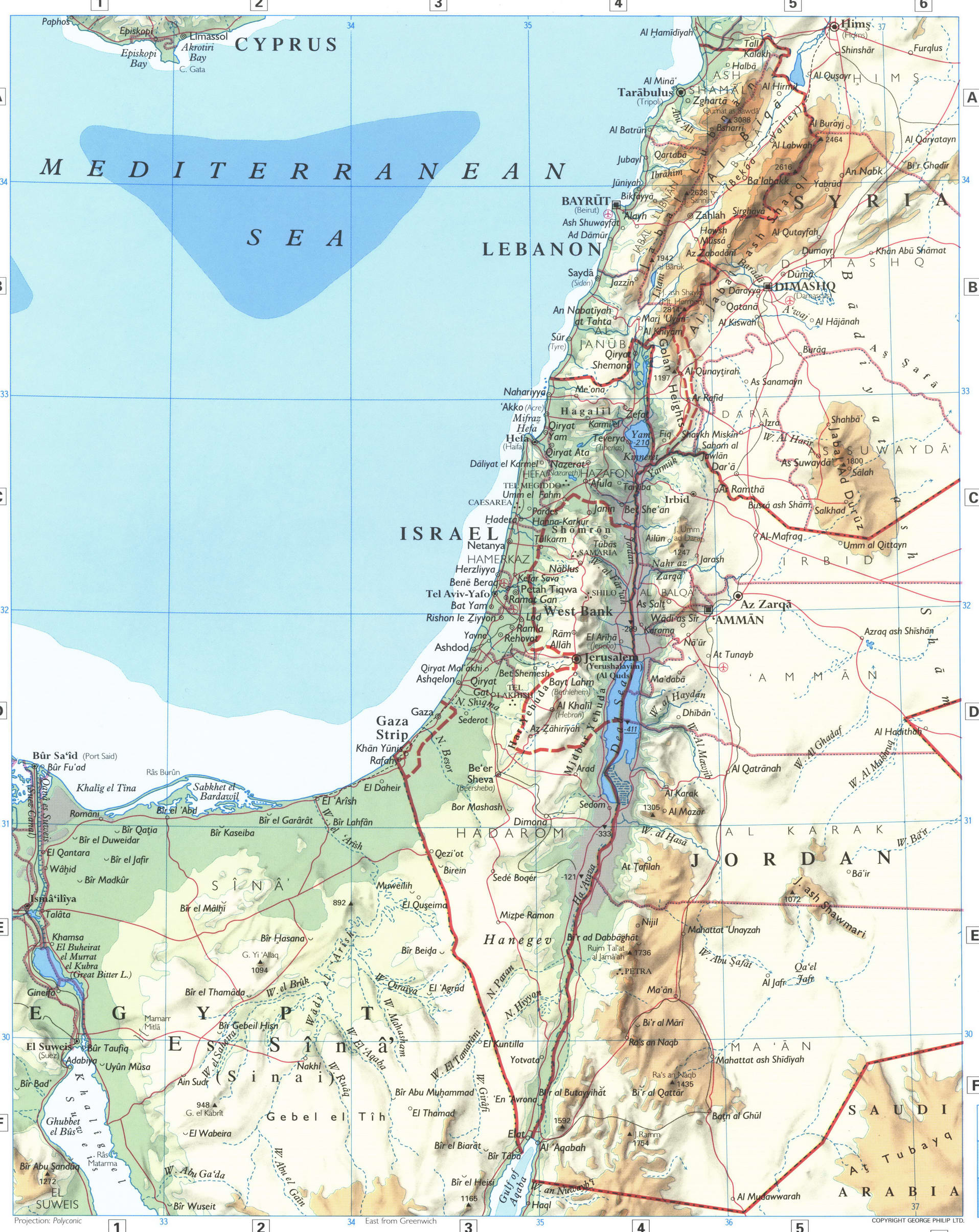 Израиль и Ливан карта подробная большая физическая скачать бесплатно -Атлас мира