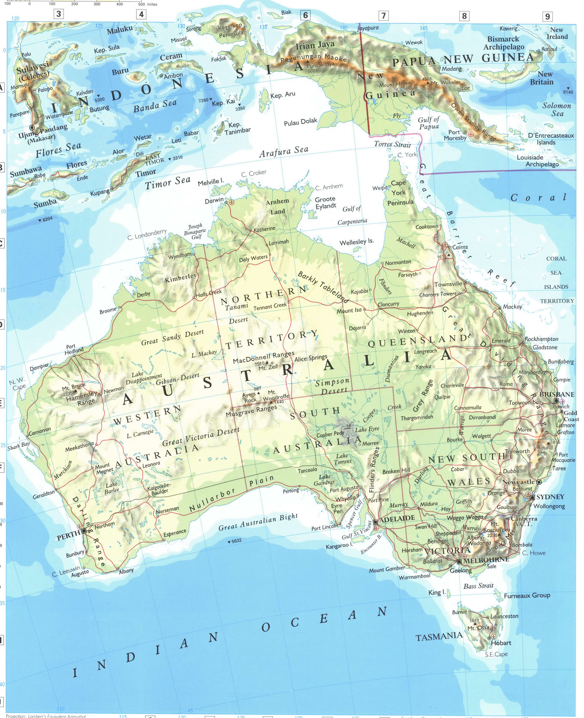 Карта Австралия, Океания и Новая Зеландия подробная большая физическая -Атлас мира