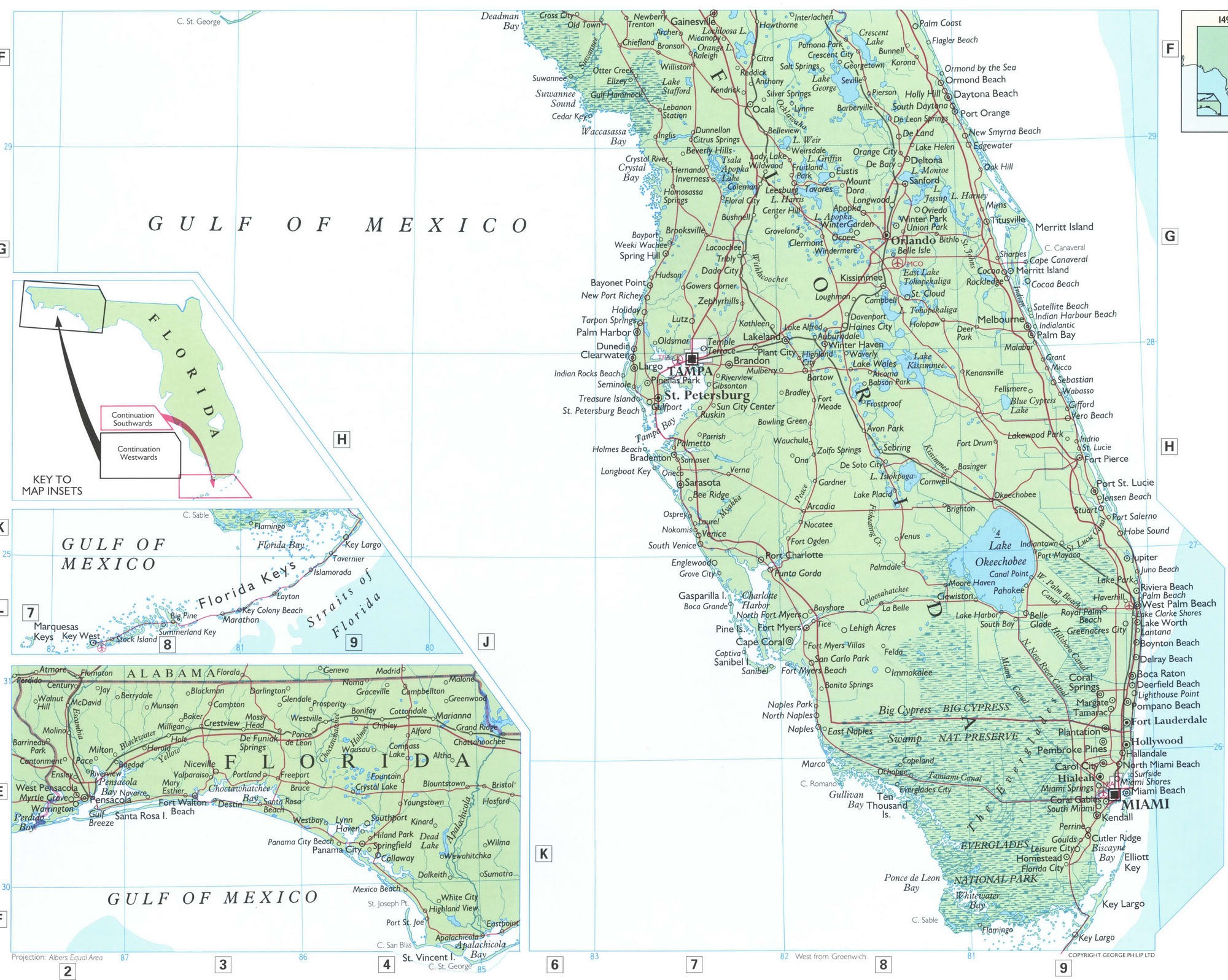 Флорида карта физическая с городами, поселками, дорогами и пляжами - Атласмира