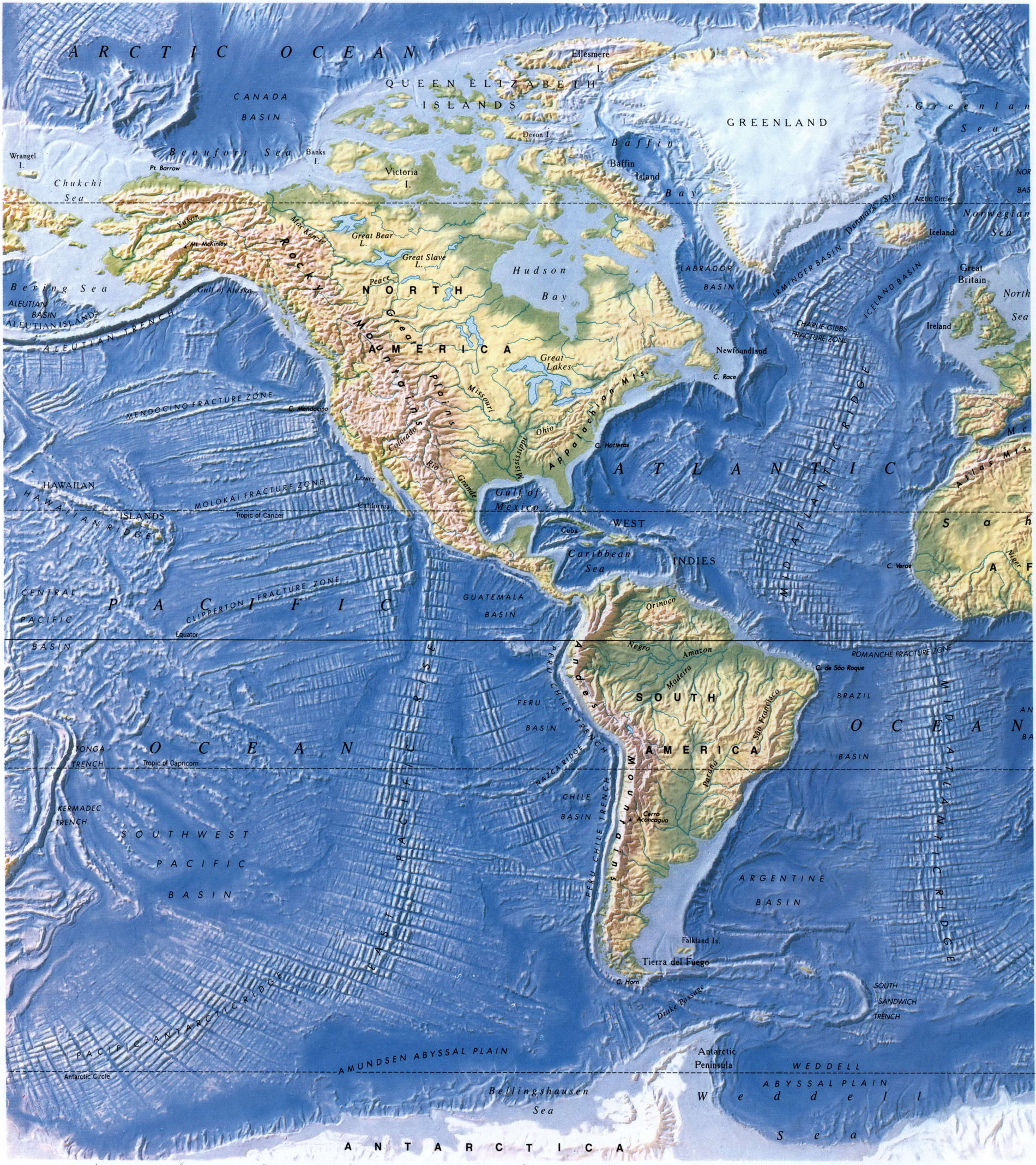 Карта мира физическая - Америка