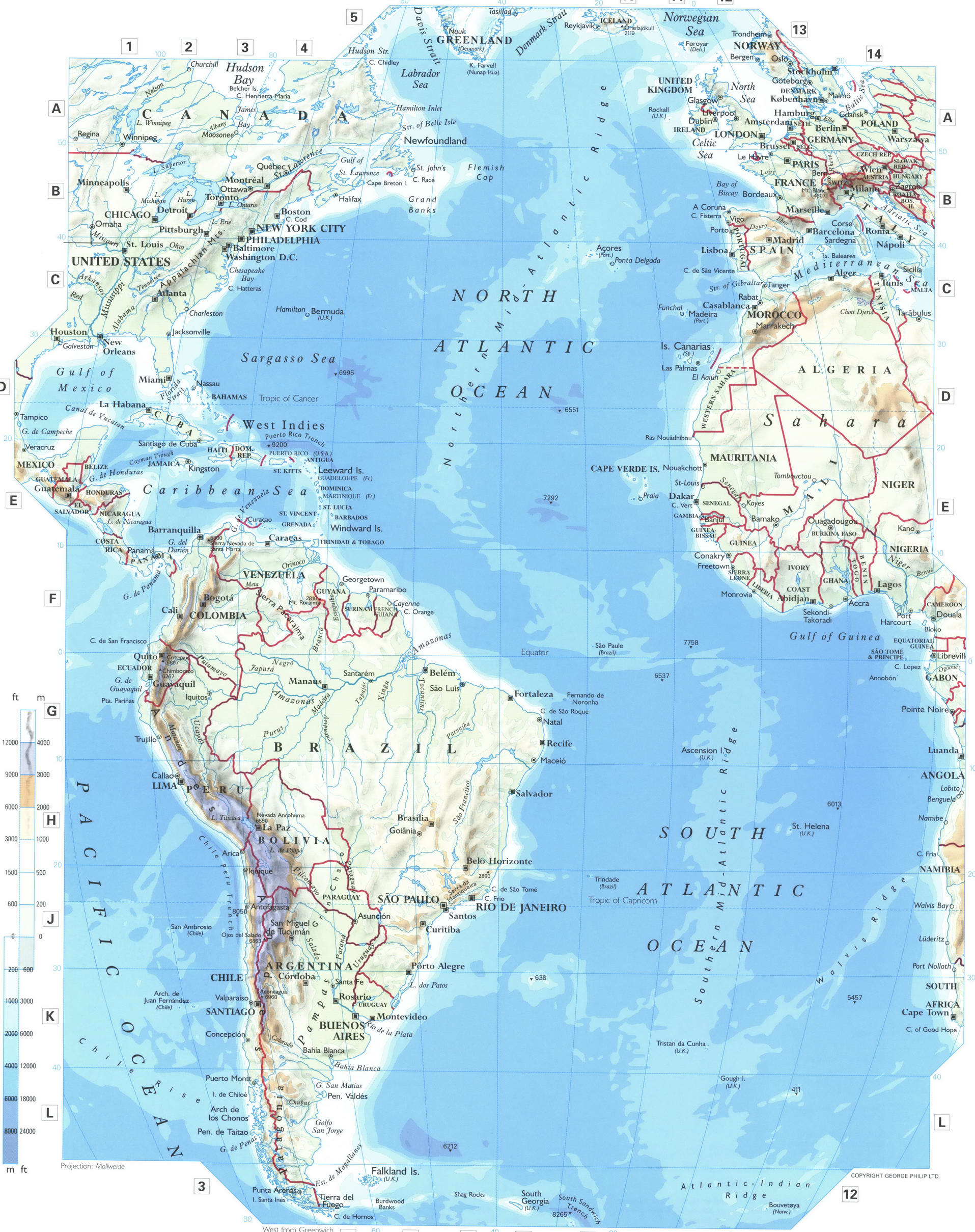 Атлантический океан карта крупномасштабная скачать бесплатно - Атлас мира