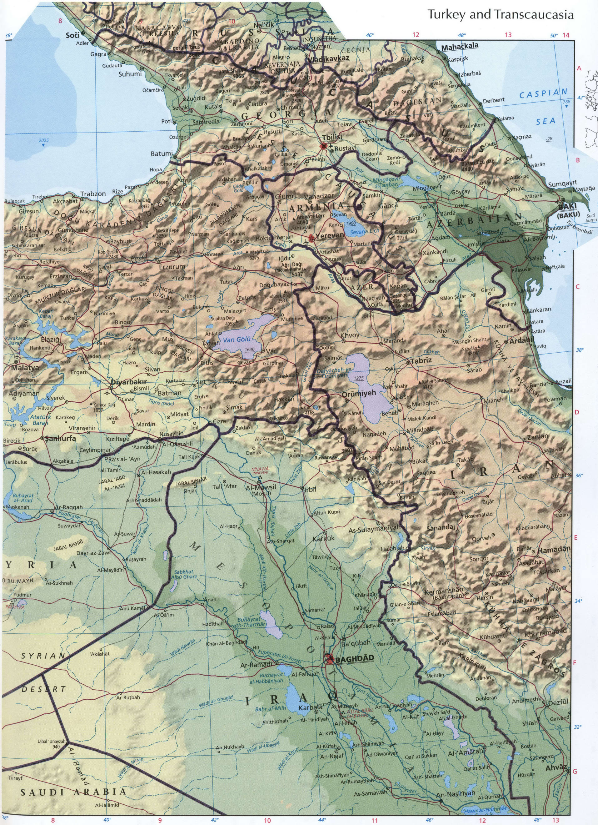Закавказье и Турция - карта физическая подробная большая крупномасштабная -Атлас мира