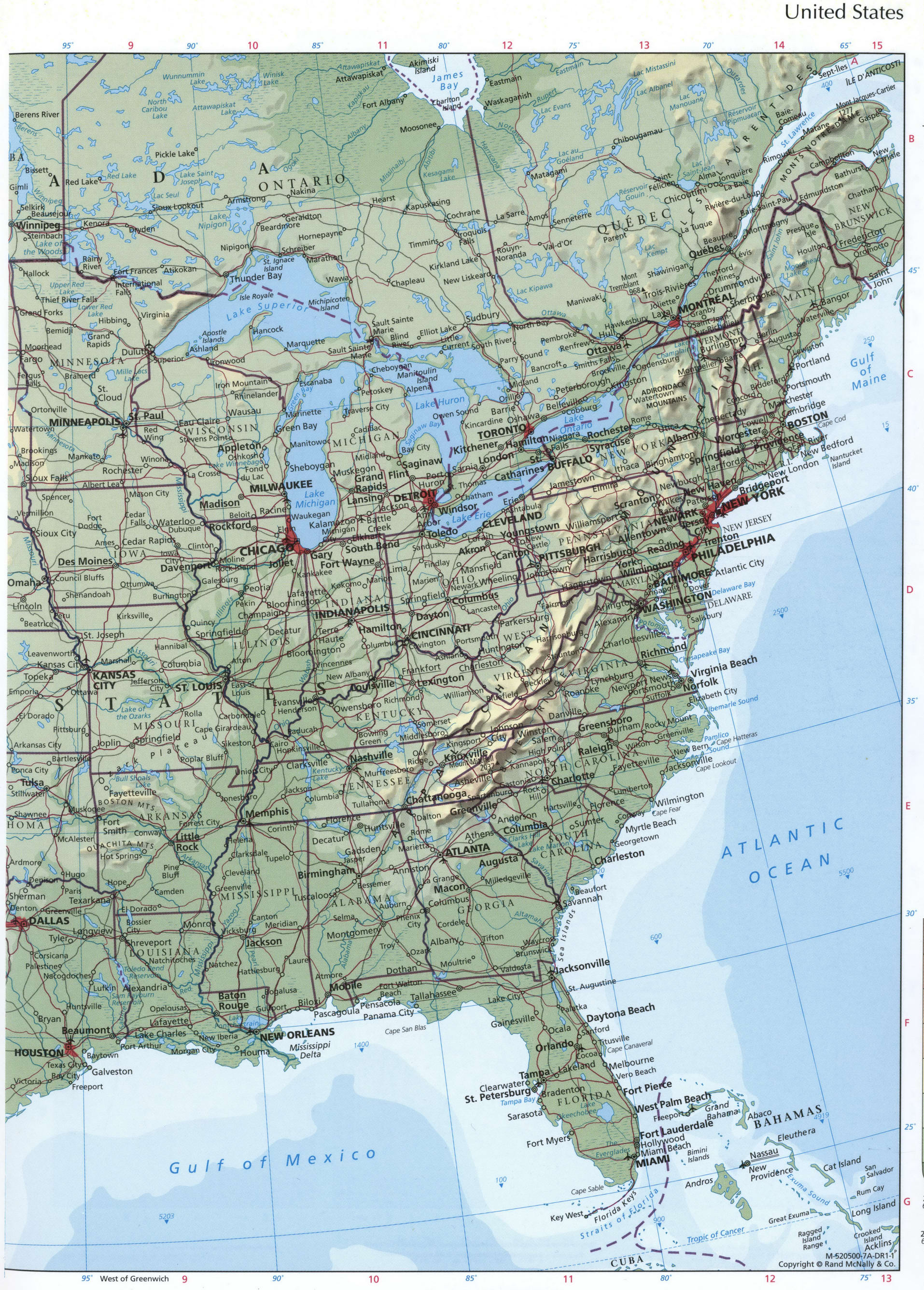 США восточное побережье карта