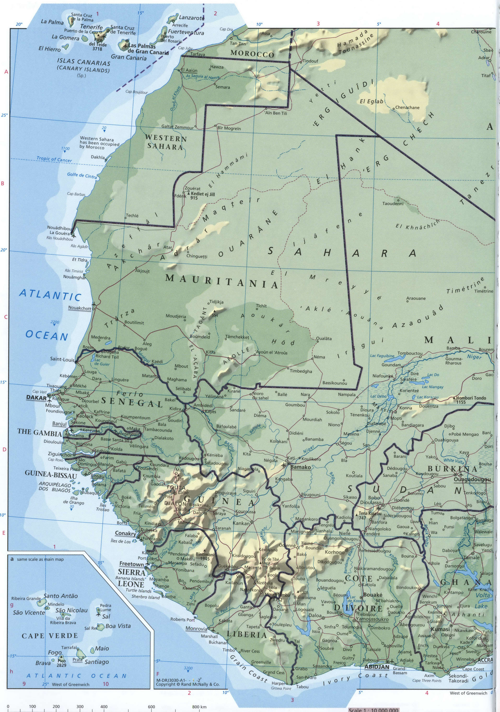 Африка западная физическая карта подробная крупномасштабная скачать - Атласмира